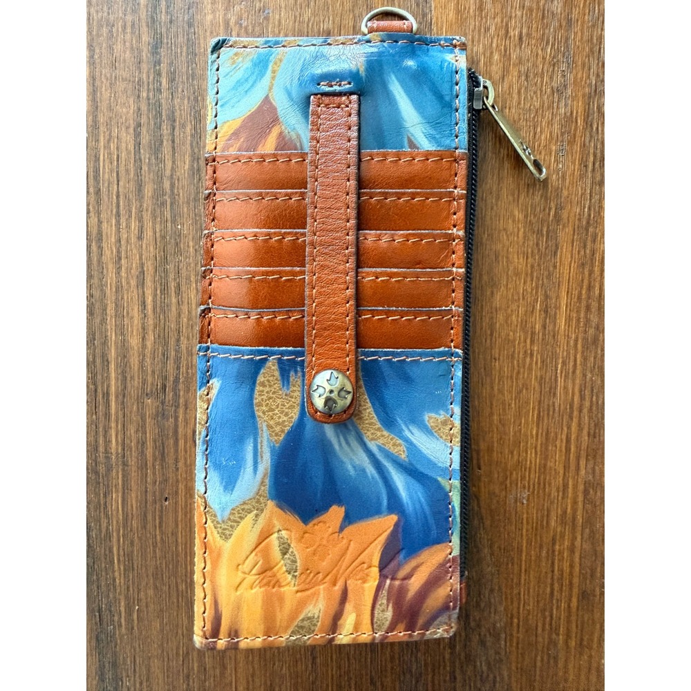 Patricia Nash Marigold Print Leather Slim Card Case Wallet Blue Orange Floral